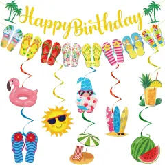 Summer Birthday Party Decorations - Beach Party Pool Decor 10PCS Hanging Swirl Banner Flip Flop Slippers Swirls Summer Birthday Hawaiian Supplies for Holiday Celebration Outdoor