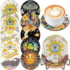 10 Pcs Tarot Diamond Art Painting Coasters with Holder, DIY Sun Moon Stars Diamond Art Painting Kits for Beginners, Adults & Kids