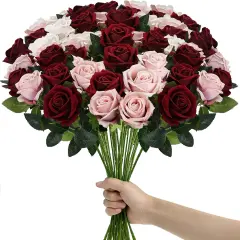45 Pcs Roses Artificial Flowers with Long Stems - Velvet Flower Bouquet Bulk Realistic Fake Rose