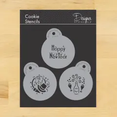 Mini Happy New Year Cookie & Cupcake Stencil Set | C799 by Designer Stencils | Cookie Decorating Tools | Baking Stencils for Royal Icing, Airbrush, Dusting Powder | Reusable Plastic Food Grade Stencil for Cookies | Easy to Use & Clean Cookie Stencil
