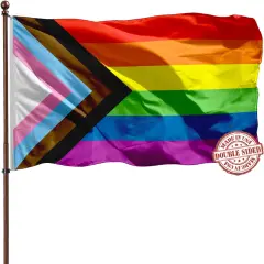 Double Sided Progress Pride Inclusive Rainbow Flag 3x5 Outdoor- 3 Ply 240D 4 Rows Stitched- LGBT Progressive Rainbow Pride Flags 3x5- UV Fade Resistant With Canvas Header & 2 Brass Grommets
