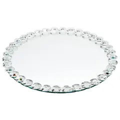 Okuna Outpost 12 in Crystal Bead Round Mirror Tray to Display Perfume, Jewelry, Candles, Bling Serving Tray for Bathroom, Living Room, Office, Vanity, Home Decor Silver