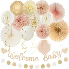21pcs Girls Welcome Baby Banner,Beige One Sweet Peach Paper Lanterns Pom Poms
