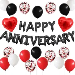 Anniversary Decorations &ndash; Foil Balloon Banner with Confetti and Heart Balloons (Black Red)