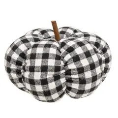 Black White Buffalo Check Fabric Pumpkin with Wooden Stem Freestanding Fall Accent Decor