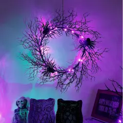 Halloween Wreath - Lighted Black Spider Wreath with Purple Lights
