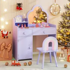 Costway Kids Vanity Table and Chair Set with Cloud-shaped Mirror Open Shelf Storage Drawers White/Pink/Purple