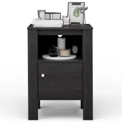 Costway Nightstand Compact Side End Sofa Table withOpen Shelf & Cabinet Dark Grey Oak/Walnut