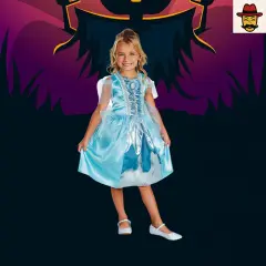 Girls Cinderella Sparkle Costume Blue Satin Dress with Sheer Sleeves