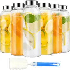 Clear Glass Bottles with Lids 6pcs Set 18oz,Reusable Glass Water Bottle