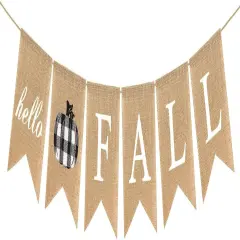 Hello Fall Burlap Banner Buffalo Check Plaid Jute Burlap Pumpkin Garland