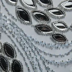 1 Yard Embroidered Tulle Lace Fabric with Sophisticated Pattern, 52&Prime; Wide Blue/Silver