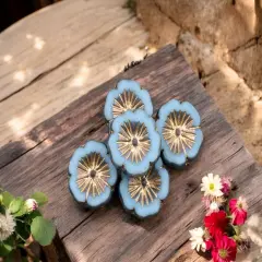 *10* 14mm Bronze & Gold Washed Sky Blue Table Cut Hawaiian Flower Beads