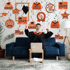 31 Pieces Graduation Decorations Class of 2025, Graduation Hanging Swirl Congrats Grad and Graduation Party Decorations(Orange, Black)