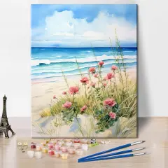 DIY Paint by Numbers for Adults Beach Scene Adult Paint by Number Kits on Canvas Pink Flowers Blue Ocean Painting by Numbers Kit for Adults Vintage Art Crafts 16x20 in