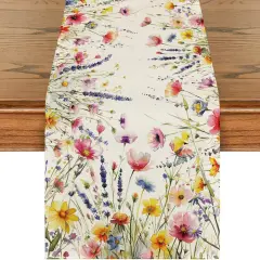 Daisy Lavender Floral Leaves Spring Table Runner, Summer Kitchen Dining Table Decoration for Home Party Decor 13x72 Inch