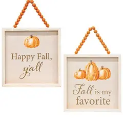 Autumn Beaded Signs with Pumpkin Graphic and Seasonal Text for Home Decor 2 Asstd. Happy Fall