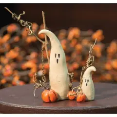 Friendly Resin Ghost Figurine with Pumpkin and Twig Accents