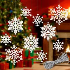 40Pcs White Glitter Snowflake Ornaments with 197 Inches Silver Rope - White