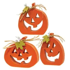 Orange Wooden Pumpkin Sitters Set of 3 with Carved Faces, Raffia, and Leaf Accents