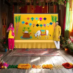 Happy Makar Sankranti Backdrop Banner - Sankranthi Decor Indian Harvest Festival Background Holiday Banner Wall Background Sankranti Party Celebration Decorations Photo Props