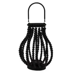 Sorrento Lantern 13.75" with Wooden Bead Frame and Metal Handle for Display