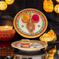 Indian White Marble Pooja Thali Set Ganesha Haldi Kumkum Holder Pooja Return Gift Indian Housewarming Roli Chawal Platter Hindu Mandir Pooja Decor