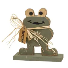 Green Wood Frog Figurine with Distressed Finish, Raffia Bow and Welcome Tag