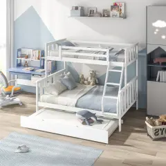 Modern Wooden Frame Convertible Bunk Bed with Twin Trundle Ladder on Both Sides and Extra Sleeping Space