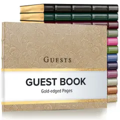 Gallery Leather Guest Book Special Events, add Photos, 192 Lined Pages, Bonded Leather, Hardcover, Gold-Gilded, Guestbook Floral latte