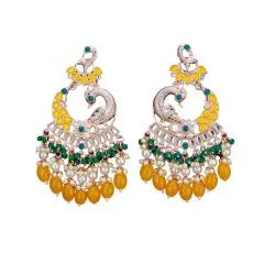 Oversized / Big Indian Jhumka Earrings for Women - Indian Peacock Earrings Ethnic Chandbali Jhumki Kundan & Faux Pearl Beaded Bollywood Style Dangle Earring YELLOW