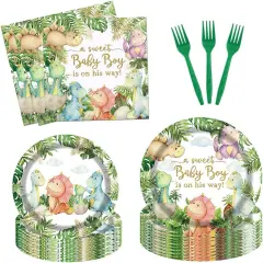 96Pcs Dinosaur Baby Shower Party Tableware Supplies,Serve 24 Guests