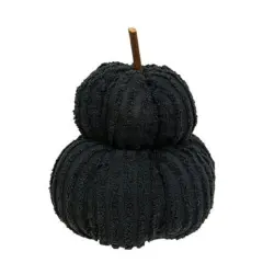Black Chenille Fabric Mini Pumpkin Stack with Stick Stem Freestanding