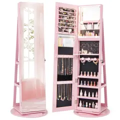Pink MDF Freestanding Jewelry Armoire with Mirror, LED, Tray and Storage