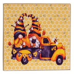 Wooden Bumblebee Gnome Block Sign with Black and Yellow Truck Design