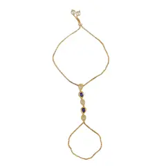 Palm Chain Bracelet for Women Kundan Indian Bridal Gold Plated Haath Panja Bracelets Finger Ring Bracelets Adjustable Luxury Classic Trendy Jewelry Bridesmaid Gift Blue