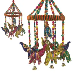 Rajasthani Ring Elephant Wall Door Hangings with Golden Bells Traditional Handicraft Hanging Decorative Latkan for Indoor Outdoor Home Office Decor Diwali Decoration Housewarming Gift
