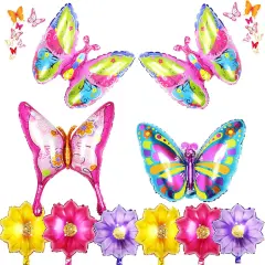 10 Pcs Foil Flower Butterfly Balloons, Colorful Butterfly Balloon with Floral Balloon, Sunflower Shaped Mylar Balloons, Spring Summer Floral Balloons