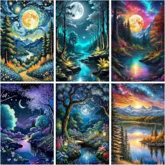 6 Pack Diamond Painting Kits Moon Landscape Diamond Art Kits for Adults Beginners, 5D DIY Full Round Drill Paint with Diamond Dots Gem Art Set for Home Wall Decor 12 x 16 Inch