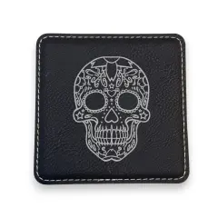 Coaster - Sugar Skull - SET OF 2 - Leather or Stitched Cork Black/Silver
