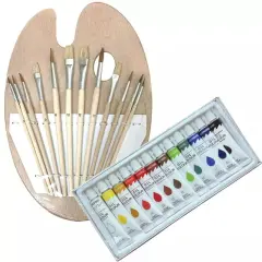 12 OIL COLOR Painting Paint Set + 12 Brush Set with Wood Palette Artist SET