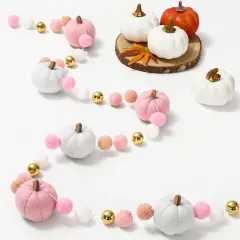 8.2Ft Fall Felt Garland 3D Pink White Pumpkin with Gold Bead Hanging Banner