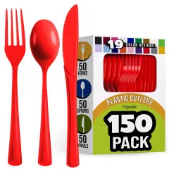 Exquisite Polished Plastic Silverware &ndash; 150 Pcs Heavy Duty Cutlery Set &ndash; 50 Each of Forks, Knives & Spoons &ndash; Disposable Utensil Set for Parties, Events & Catering &ndash; Flatware Set by Party Solids Red