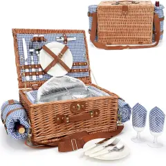 Picnic Baskets for 2, Picnic Basket with Waterproof Blanket, Picnic Basket Set with Washable Beach Mat & Large Insulated Cooler Compartment, Handmade Natural Wicker Hamper for Camping, Outdoor Party