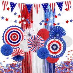 4th of July Patriotic Party Decorations Set, American Flag Hanging Paper Fans, PomPoms Flowers, Foil Fringe Curtain, Star Streamers, USA Pennant Bunting Independence Day Party Supplies