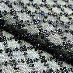 1 Yard Blossom Beaded & Sequined Stretch Mesh Fabric Black/Multicolor