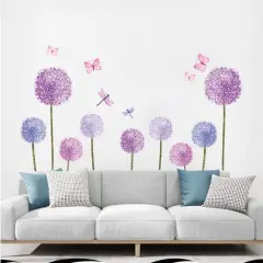 Purple Dandelions Wall Stickers Butterflies Flower Wall Decals