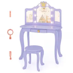MDF and Acrylic Kids Vanity Set with Tri-Fold Mirror, LED Lights and Storage Purple