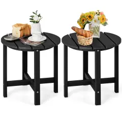 18 Inch Set of 2 Round Outdoor Adirondack Side Tables with Slatted Design and X-Shaped Structure Black