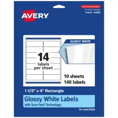 Avery Glossy White Rectangle Labels with Sure Feed, 1-1/3" x 4"